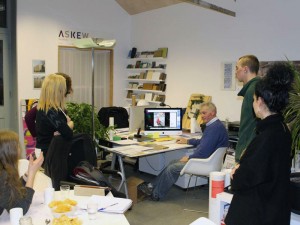 Meeting of prospective residents at Askew Cavanna studio, looking at finishes